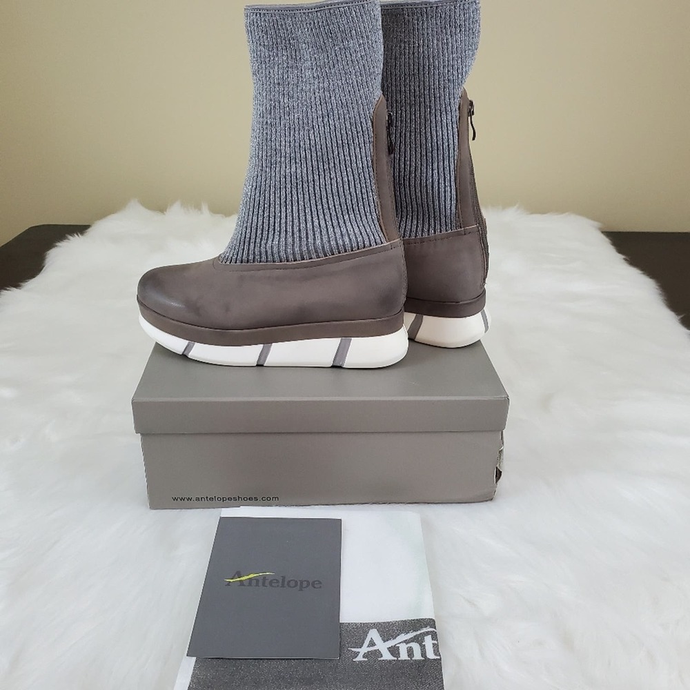 Antelope Gray Knit-Top Heeled Boots with White Soles